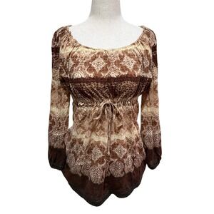 Y2K Earth Fairy Brown Beige Tie Front Long Sleeve Boho Print Blouse Top S